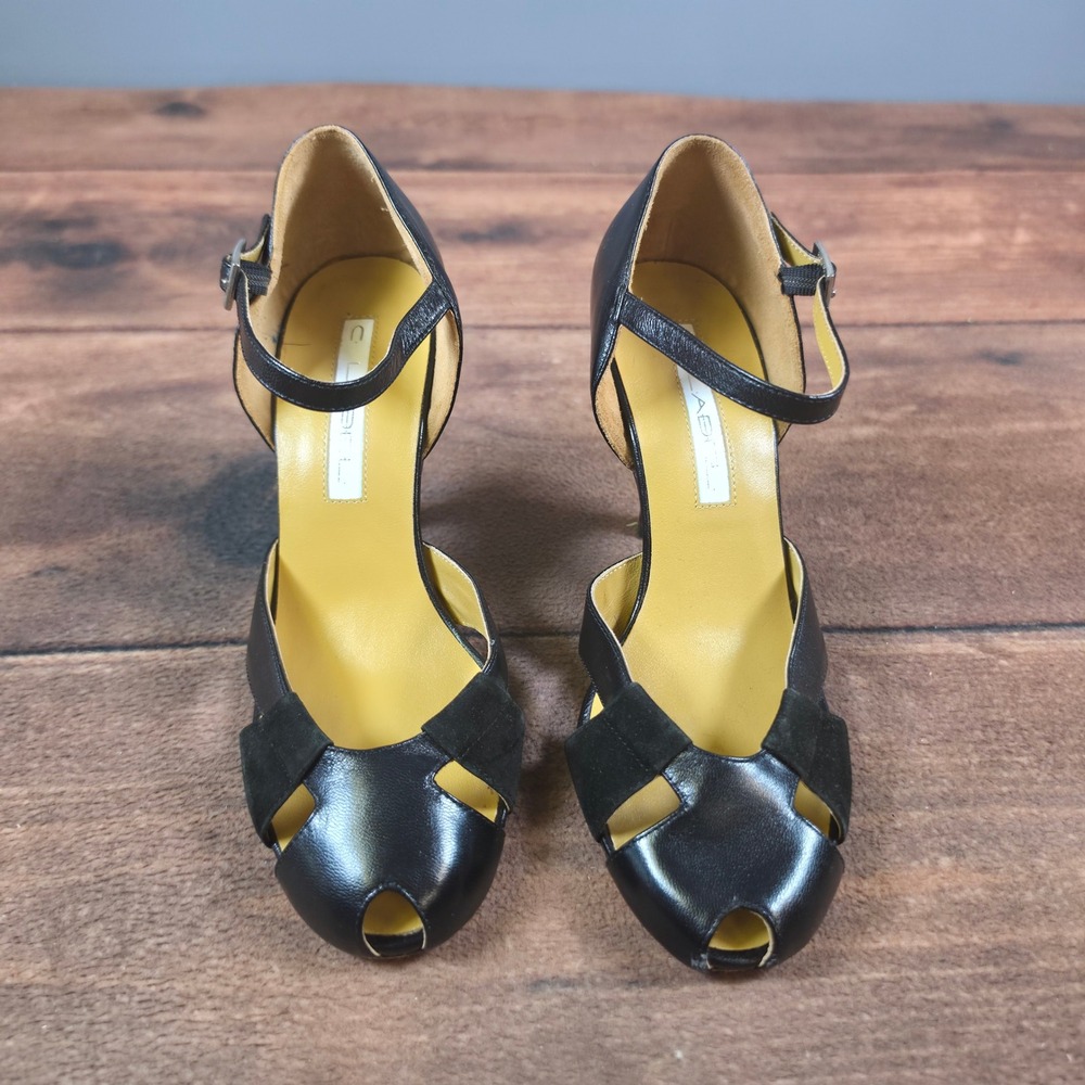 C Label Peep Toe Heels Womens 7.5 Black Good Suede Leather D'Orsay Ankle Strap